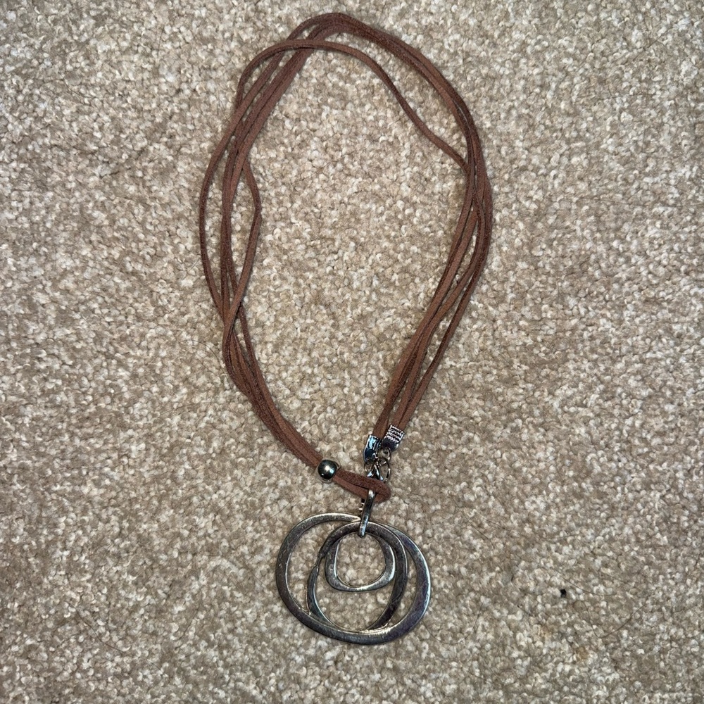 Brown Leather and Silver Layered Pendant Necklace